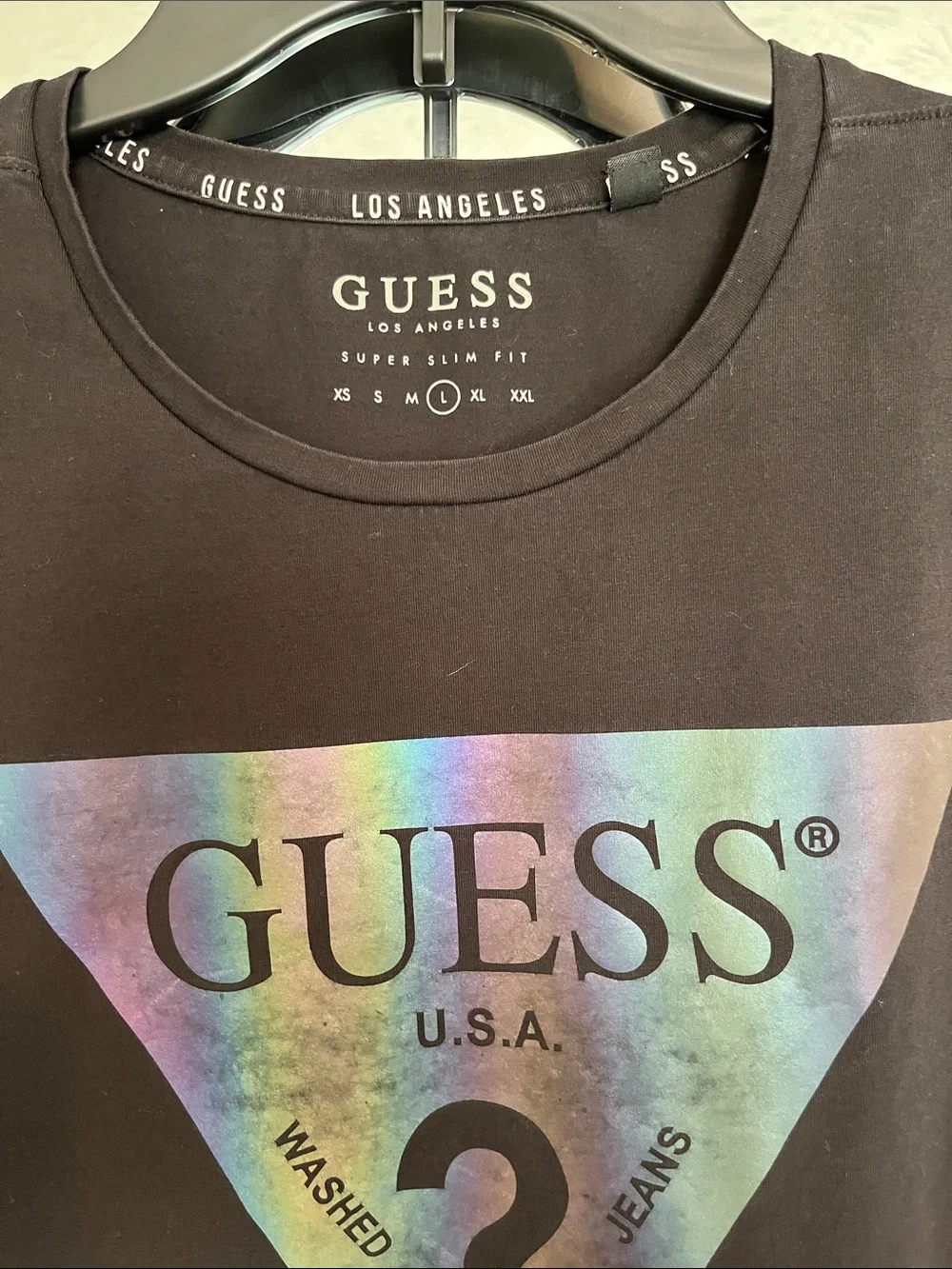 GUESS Black Short-Sleeve Tee with Holographic Triangle Logo - Picture 3 of 4